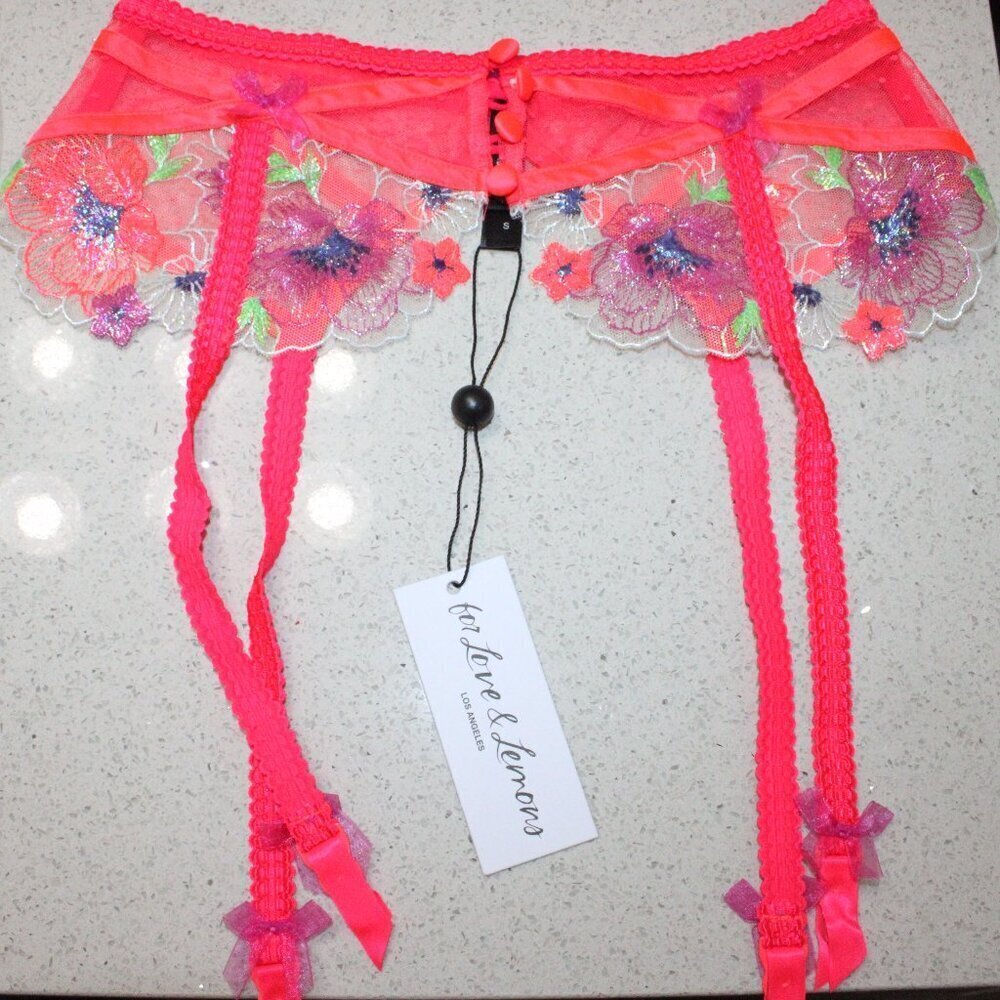 For Love & Lemons Shimmer Zinnia‎ Garter Belt Size Small New Floral Pink Lace